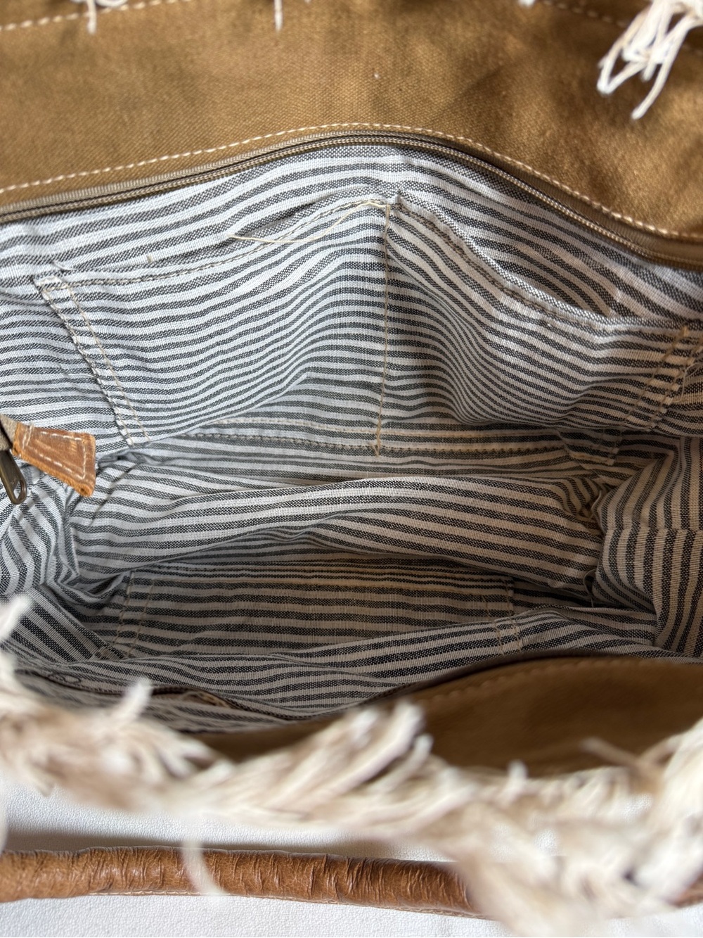 Myra Bag Upcycled Canvas Graphic Tote with Leather Handles and Fringe - Picture 9 of 12
